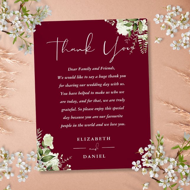 Carte de Merci Mariage Bourgogne (Burgundy Greenery Thank You Wedding Place Card)