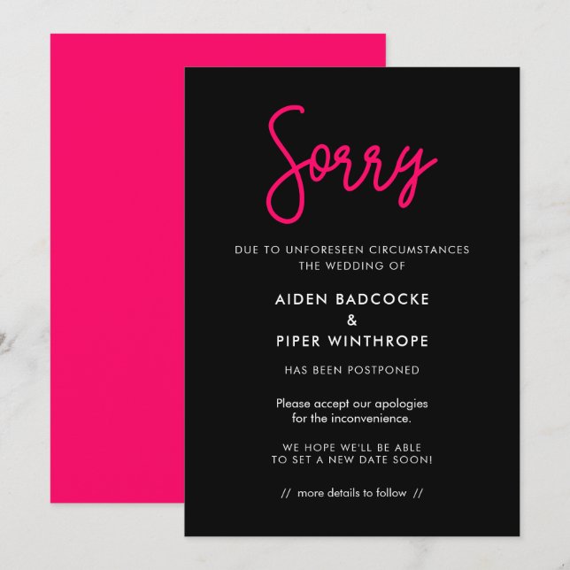 Carte de mise à jour de mariage désolé en calligra (Devant / Derrière)