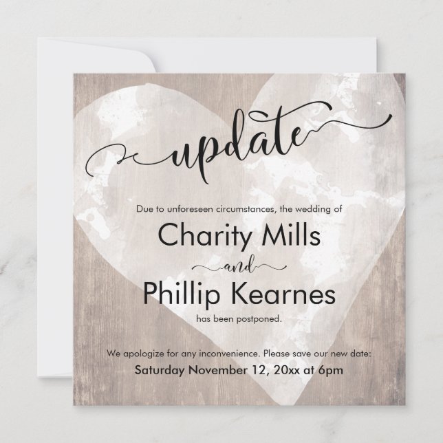 Carte de mise à jour du Mariage reportée Heart on  (Devant)