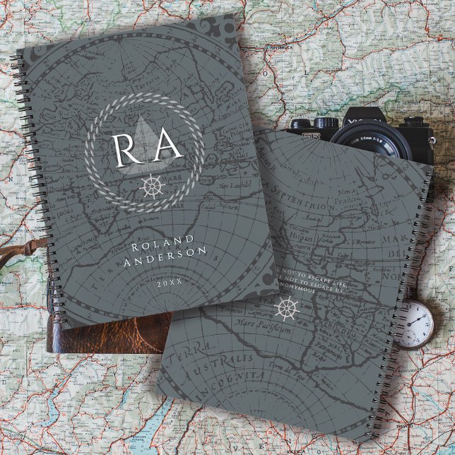 Carte de monogramme de corde nautique grise (Nautical Map Monogram Traveller Grey Notebook.)