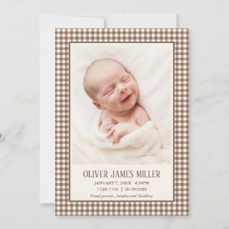 Carte de naissance bébé à carreaux bruns