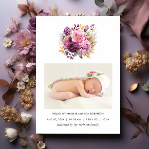 Carte de naissance florale mauve et or