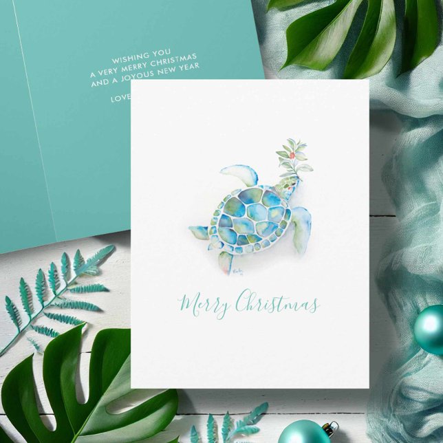 Carte de Noël (Coastal Christmas cards turquoise watercolor sea turtle art by Victoria Grigaliunas Do Tell A Belle)