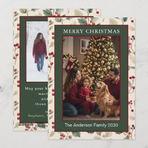 Carte de Noël 2 photos Baie de houx verte aquarell