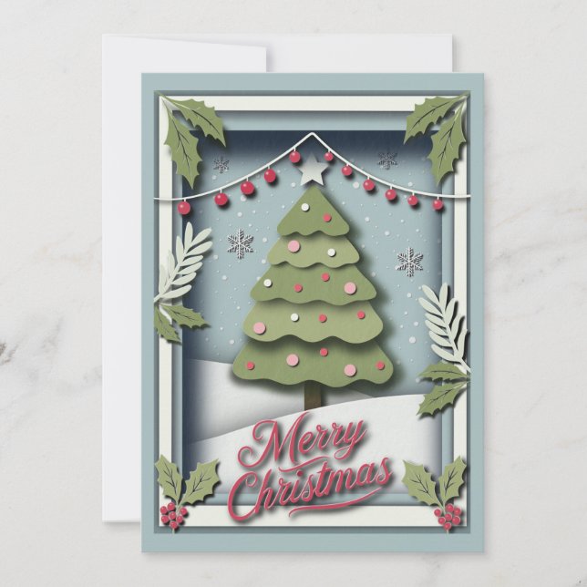 Carte de Noël 3d avec Arbre Festif et Holly (Devant)