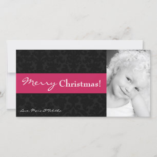 Carte de Noël 4x8 noir rose Damas cadre photo