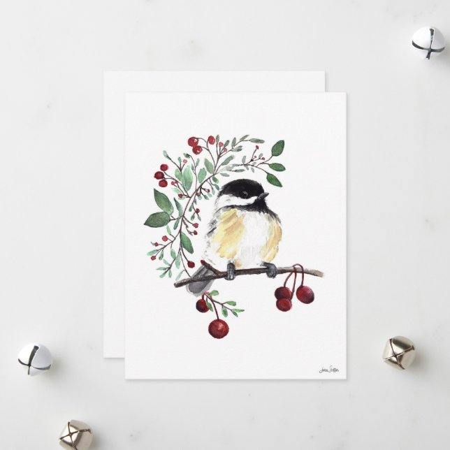 Carte de Noël à Baies d'Oiseau Mésange de Hiver (Devant/Arrière en situation)