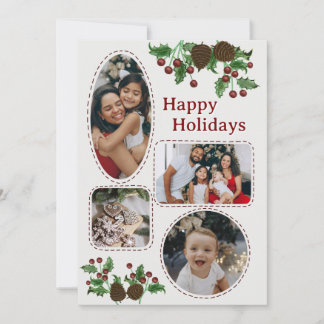 Carte de Noël à la main avec houx et pommes de pin