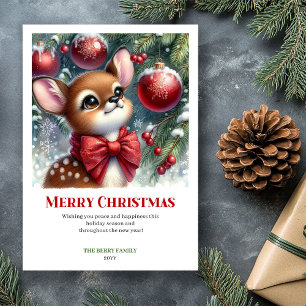Carte de Noël à l'aquarelle Faon Tendre et Mignon