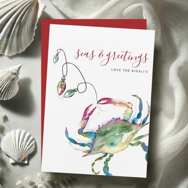 Carte de Noël à l'aquarelle représentant une plage (Beach holiday cards watercolor blue crab art by Victoria Grigaliunas Do Tell A Belle)