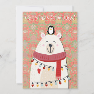 Carte de Noël à l'ours polaire et au pingouin rétr