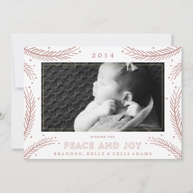 Carte de Noël à plumes dorées Paix et Joie (Devant)