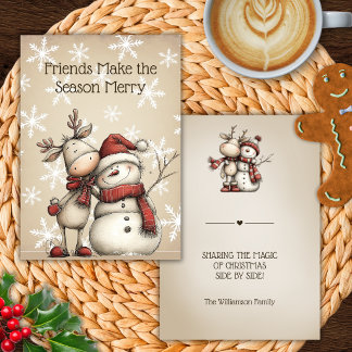 Carte de Noël Amis Renne et Bonhomme de Neige
