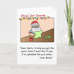 Carte de Noël amusante : père Noël lit le courrier