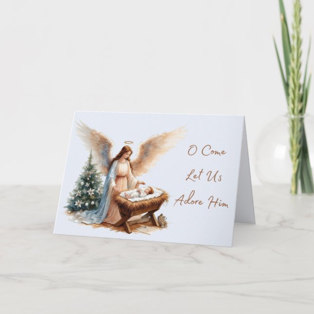 Carte de Noël Ange et crèche Adorez-Le (Devant)