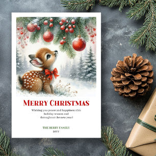 Carte de Noël aquarelle bébé faon forêt enneigée é