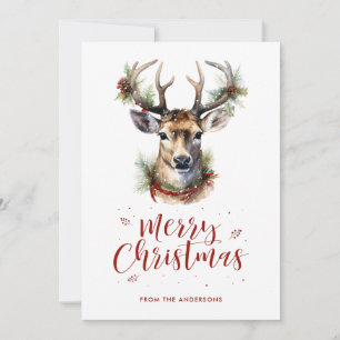 Carte de Noël aquarelle Cerf Biche et houx enneigé