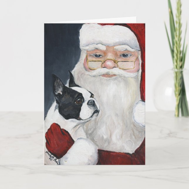 Carte de Noël Art "Boston Terrier Tells Père Noël" (Devant)
