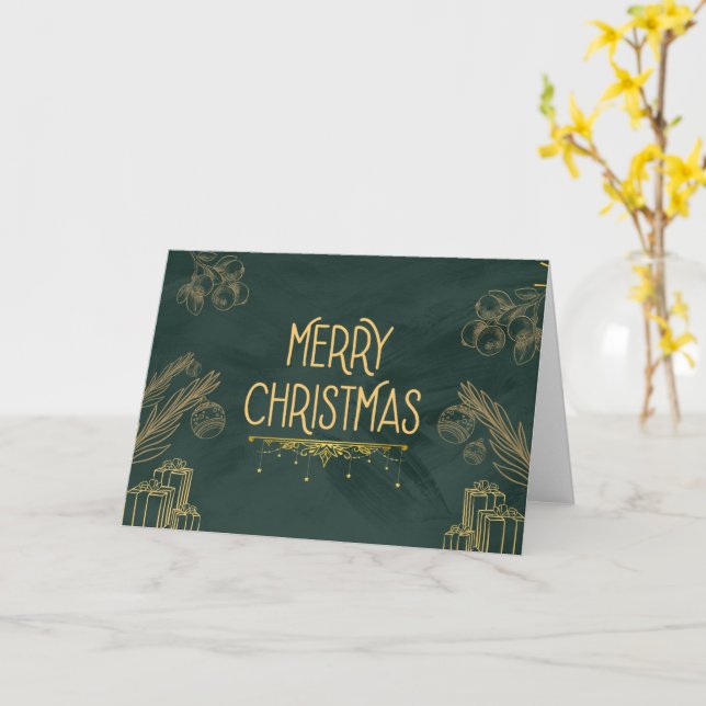 Carte de Noël Art Déco Vert Émeraude (Fleur jaune)