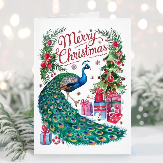Carte de Noël au paon aquarelle Joyeux Noël (Créateur téléchargé)