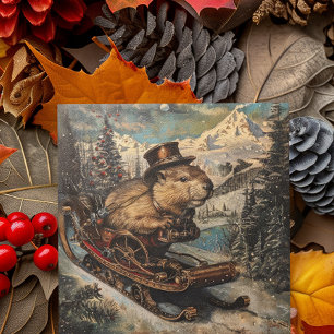 Carte de Noël au traîneau de castor Steampunk