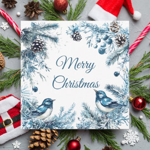 Carte de Noël aux arbres de pin oiseaux bleus vint