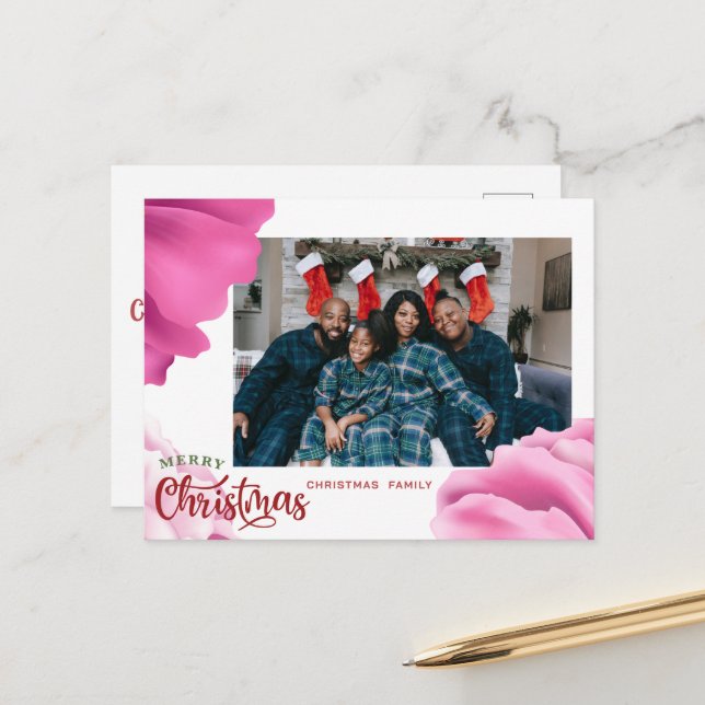 Carte de Noël aux fleurs roses, Carte de vacances  (Devant/Arrière en situation)