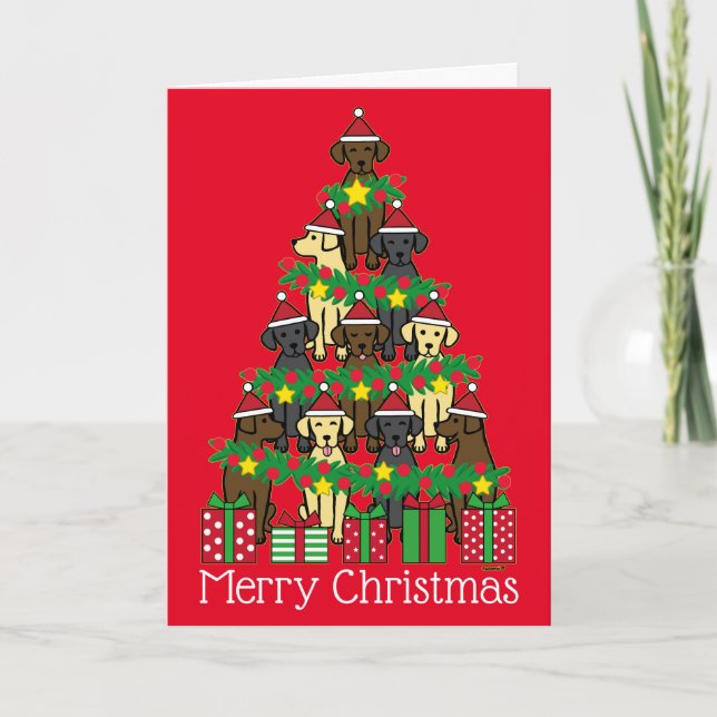 Carte de Noël aux Labradors et Sapin de Noël Rouge (Devant)