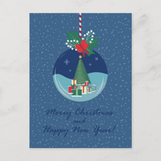 Carte de Noël avec arbre et cadeaux en forme d'orn