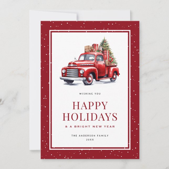 Carte de Noël avec arbre et camion rouge enneigé J (Devant)