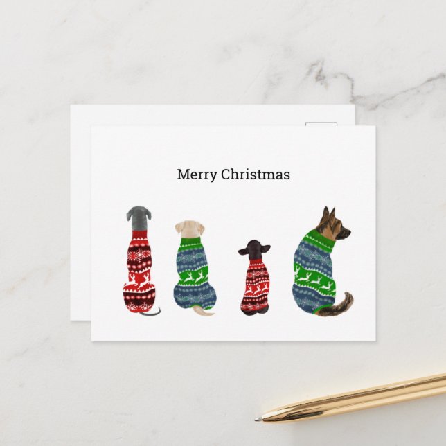 Carte de Noël avec Chiens portant un pull (Devant/Arrière en situation)