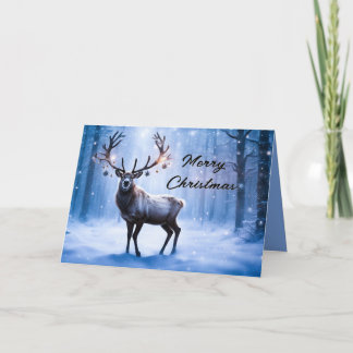 Carte de Noël avec des rennes dans une forêt magiq