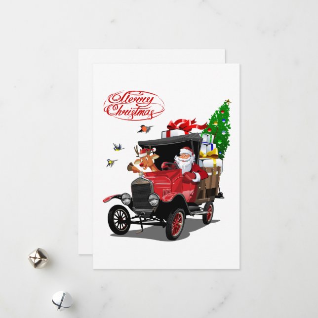 Carte de Noël avec dessin animé Père Noël et cerf (Devant/Arrière en situation)