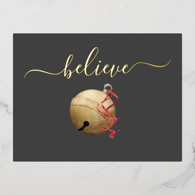 Carte de Noël avec grelot BELIEVE en feuille d'or (Recto)
