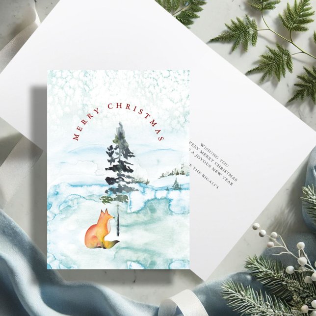Carte de Noël avec illustration de renard à l'aqua (Merry Christmas wishes watercolor fox holiday card with unique art by Victoria Grigaliunas)