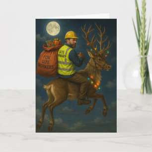 Carte de Noël avec le chef de chantier et un renne