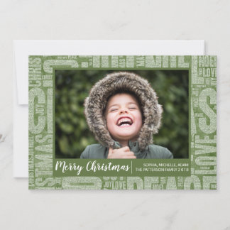 Carte de Noël avec mots de Noël et paillettes vert