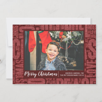 Carte de Noël avec mots en paillettes rouges pour