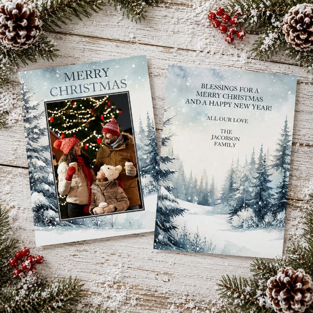Carte de Noël avec photo de scène hivernale persis (Evergreen Winter Scene Photo Christmas Card)