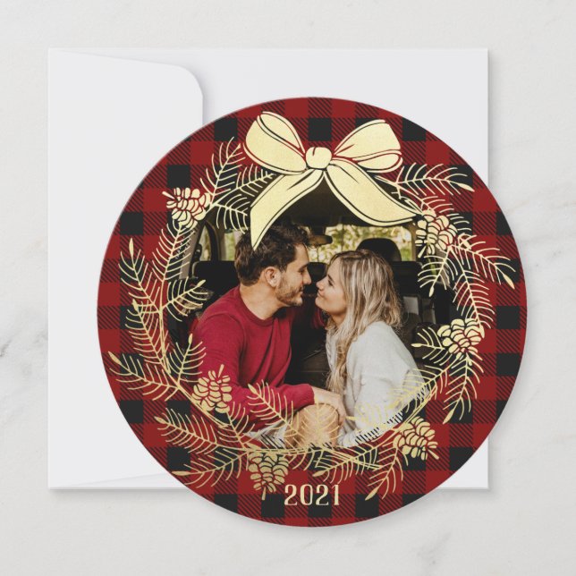 Carte de Noël avec plaid Buffalo et couronne dorée (Devant)