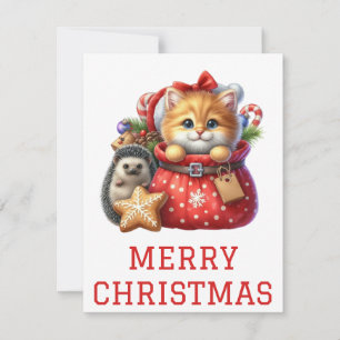 Carte de Noël avec un adorable chaton et un hériss
