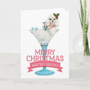 Carte de Noël avec un caniche dans un verre à vin
