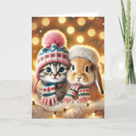Carte de Noël avec un chat et un lapin
