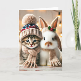 Carte de Noël avec un chat et un lapin