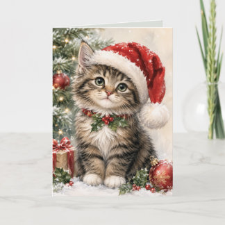 Carte de Noël avec un chat festif portant un chape
