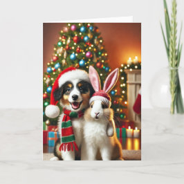 Carte de Noël avec un chien et un lapin