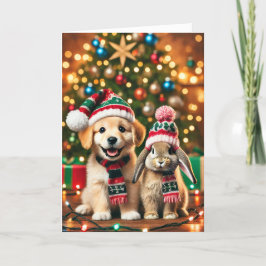 Carte de Noël avec un chien et un lapin