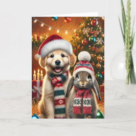 Carte de Noël avec un chien et un lapin