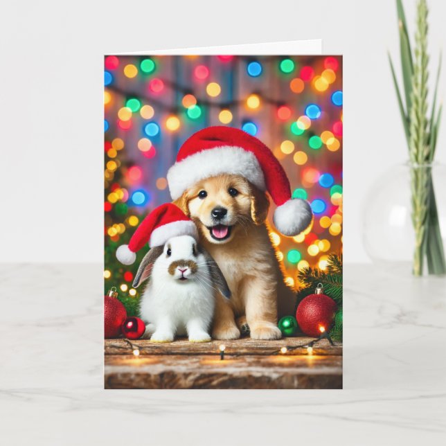 Carte de Noël avec un chien et un lapin (Devant)