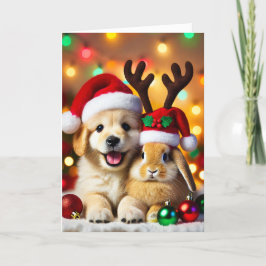 Carte de Noël avec un chien et un lapin